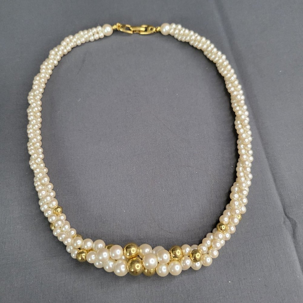 Napier Twisted Triple Strand Necklace Simulated Pearls Gold Bead Accents 16"